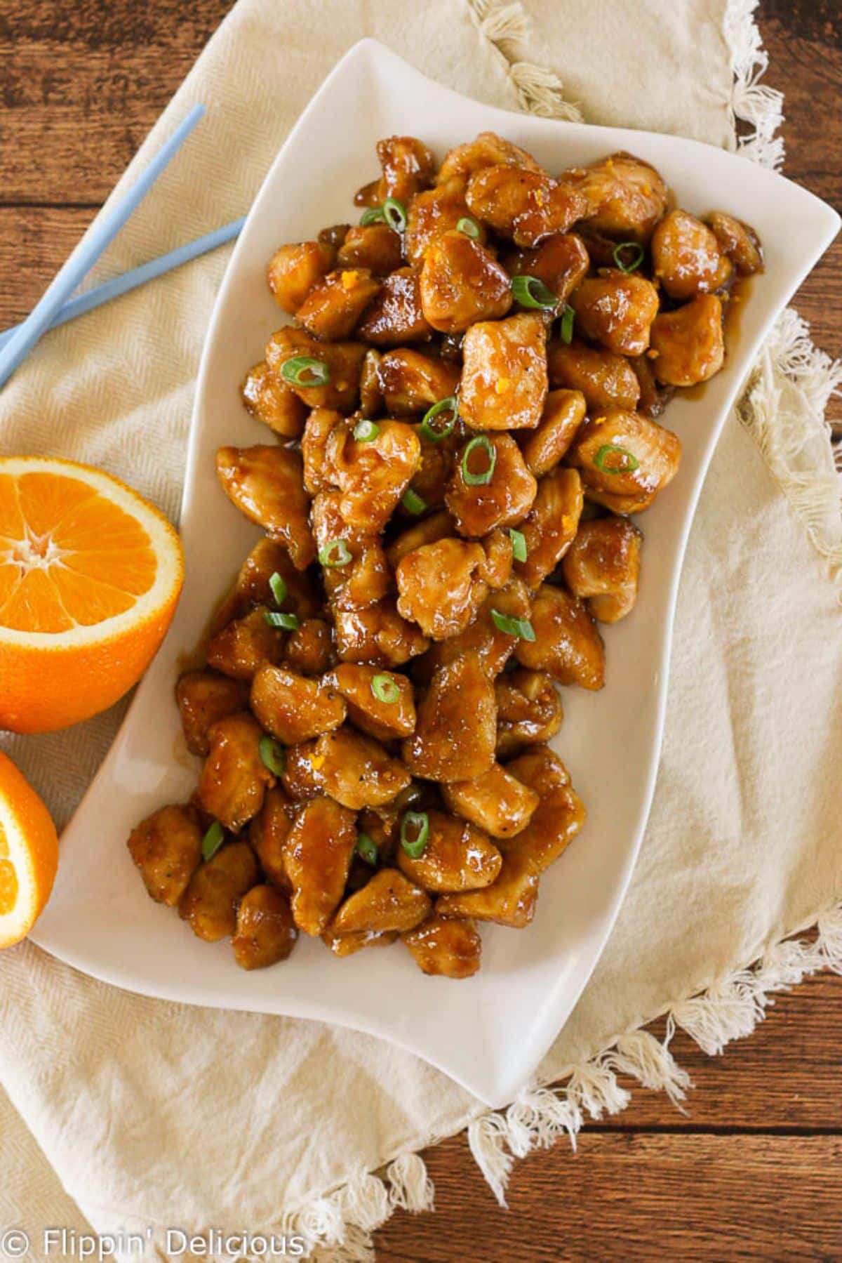 Copycat Panda Express Gluten-Free Orange Chicken on a white tray.