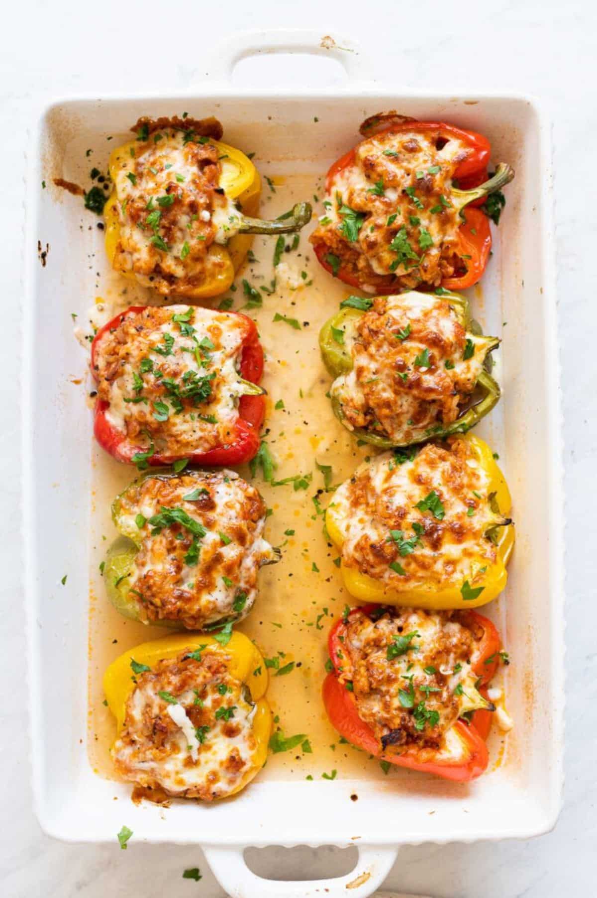 Ground Chicken Stuffed Peppers in a casserole.