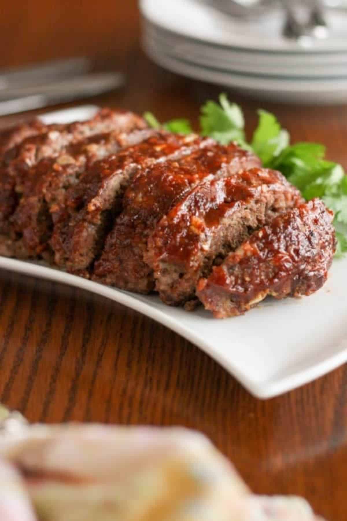 Gluten-Free Slow Cooker Meatloaf on a white tray.