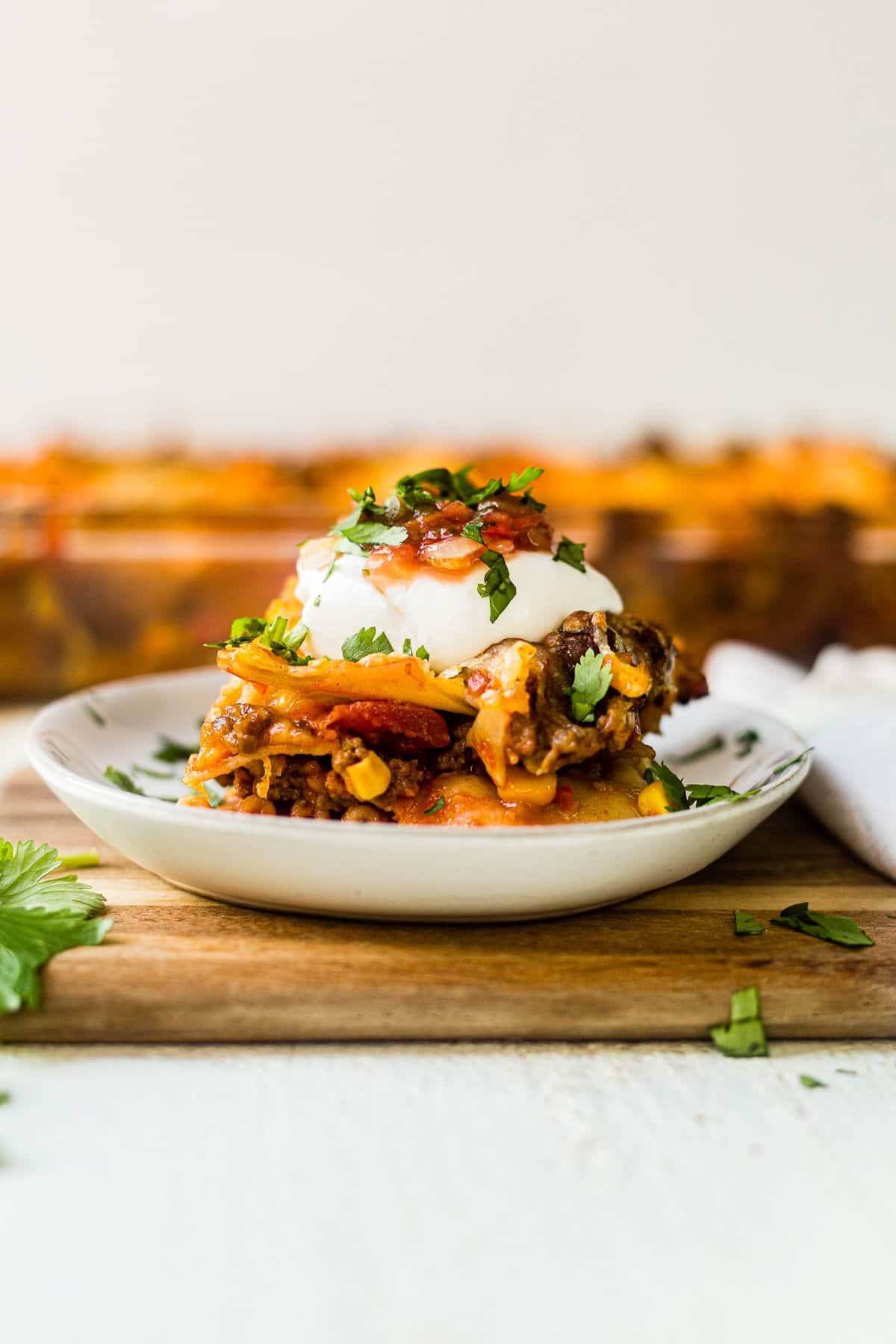 No-Boil Mexican Lasagna on a white tray.