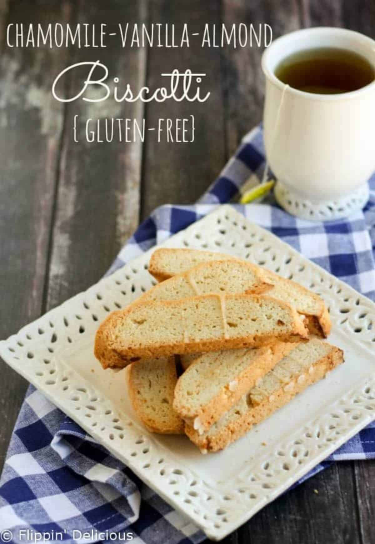 Gluten-free Chamomile, Vanilla, and Almond Biscotti on a white plate.