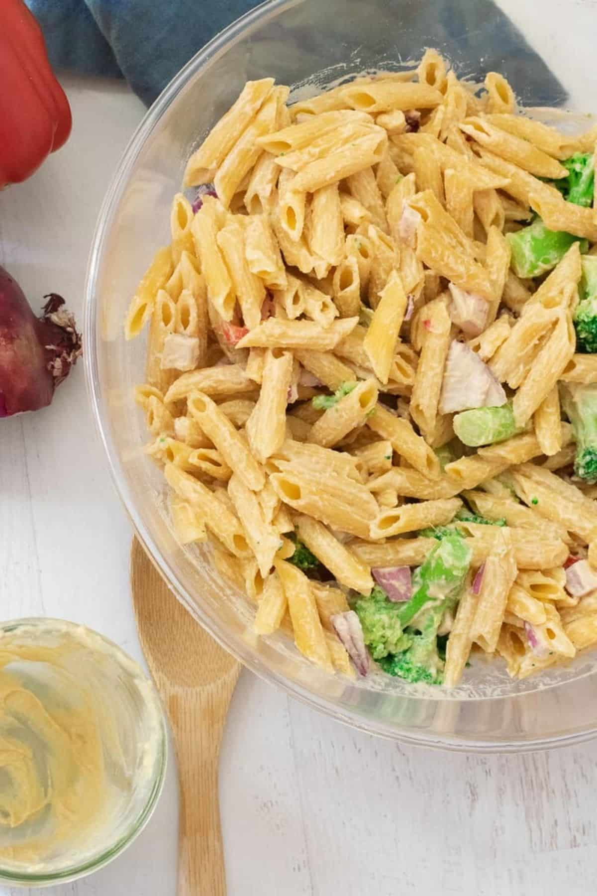 Gluten-free Pasta Salad in a glass bowl.