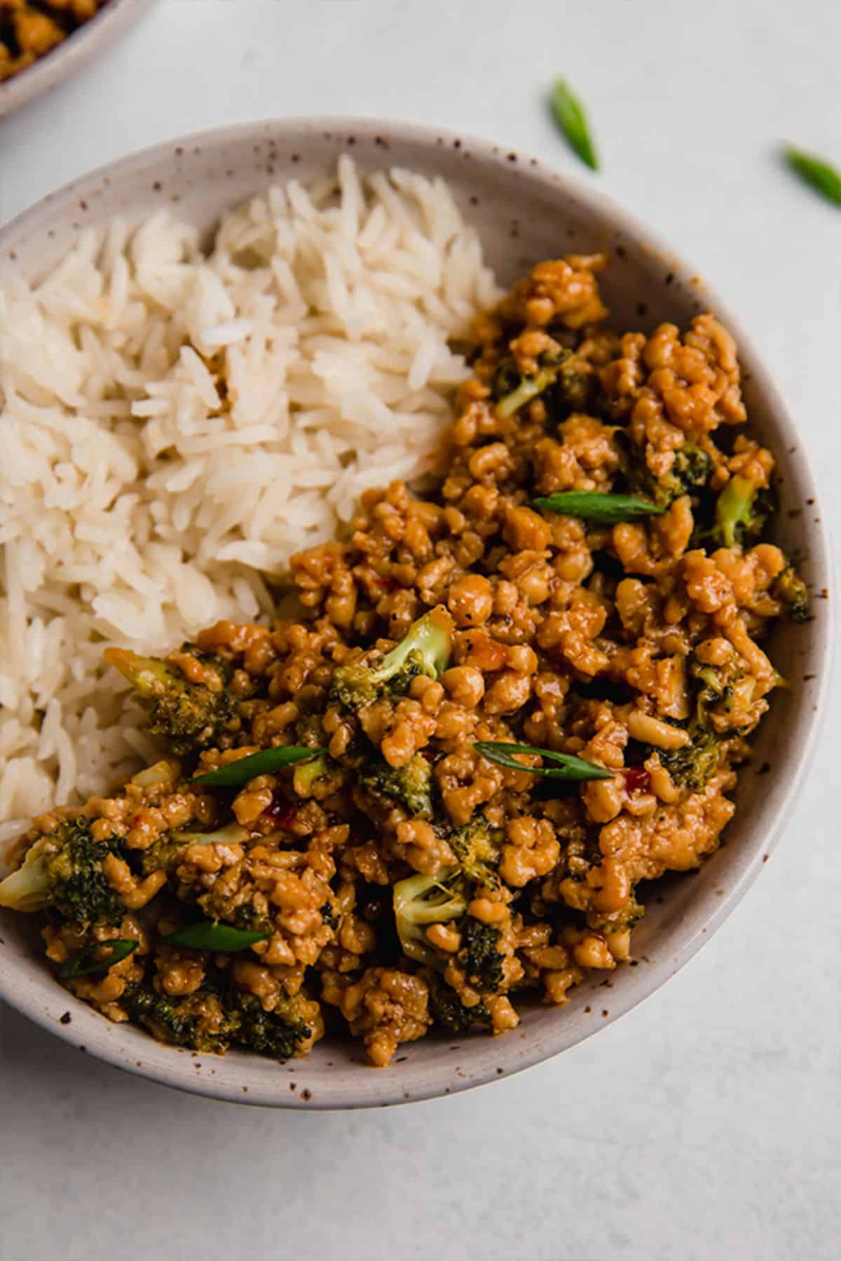 Firecracker Ground Chicken in a gray bowl.