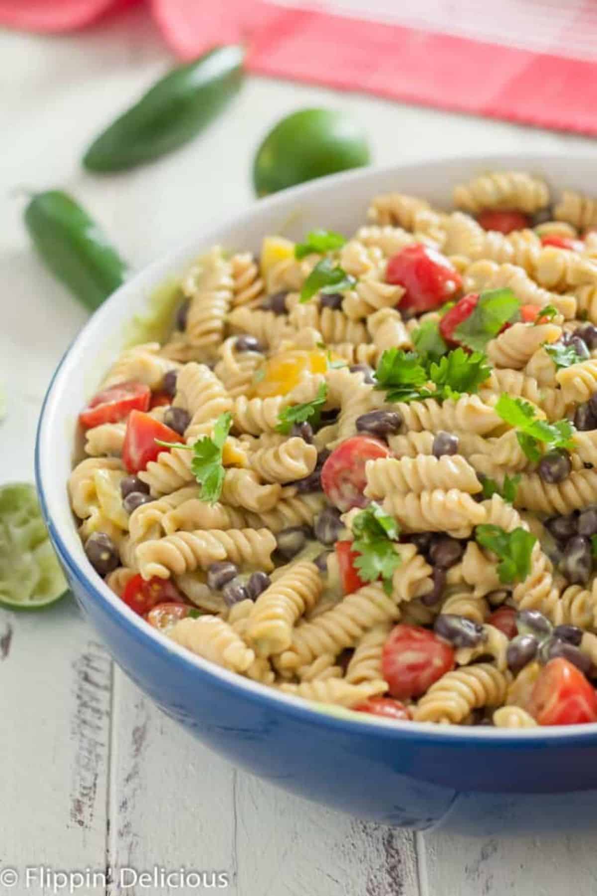 Gluten-free Southwest Pasta Salad in a white-blue bowl.