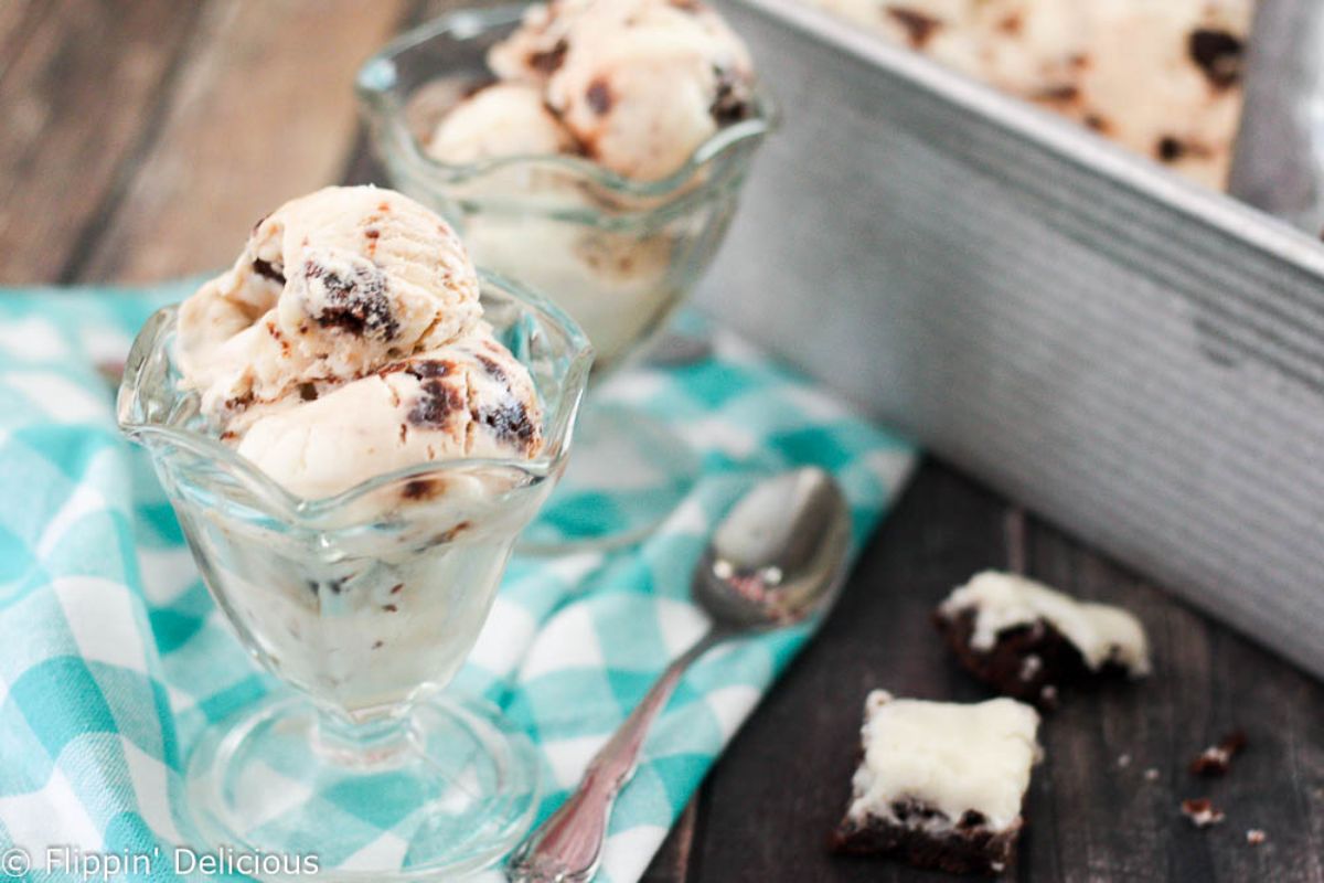 Gluten-Free Cream Cheese Brownie Ice Cream in glass cups.