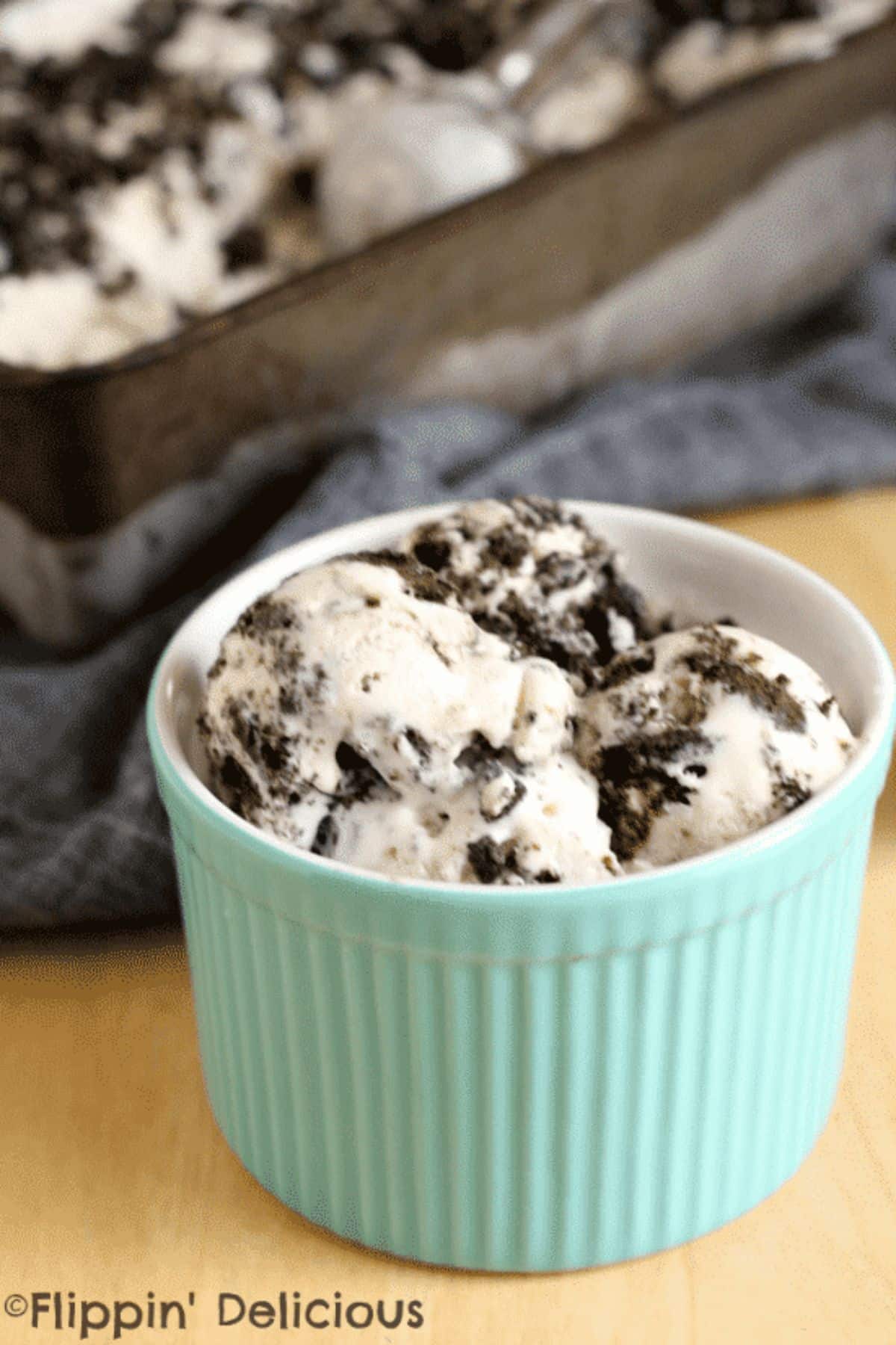 A bowl of Gluten-Free Cookies and Cream Ice Cream.