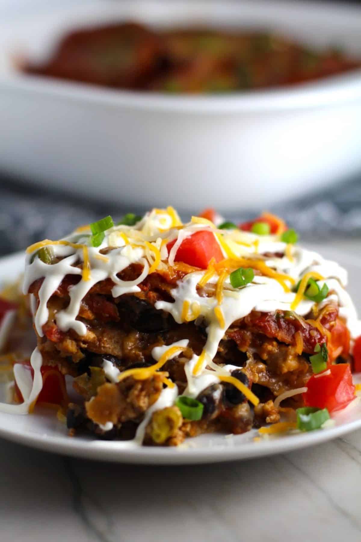 Ground Chicken Taco with Black Beans on a white plate.