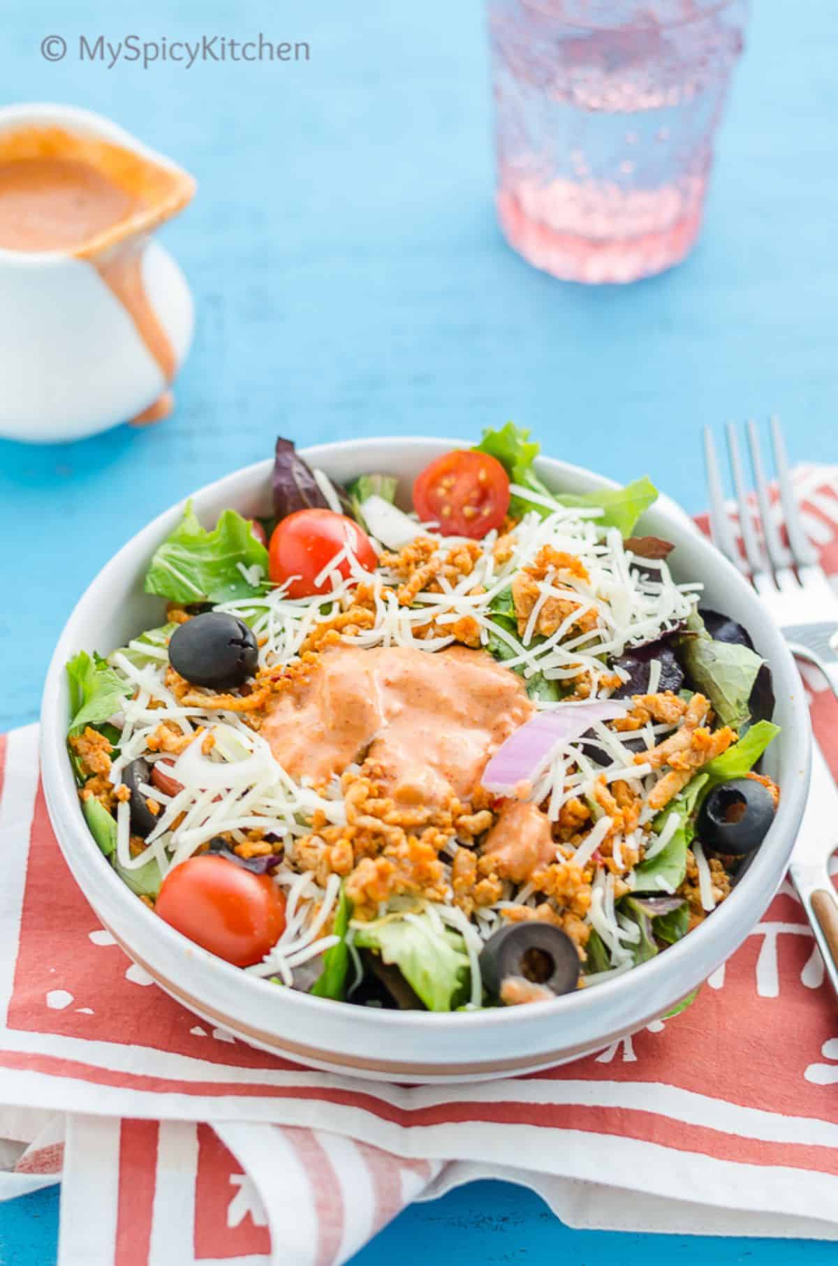 Ground Chicken Taco Salad in a gray bowl.