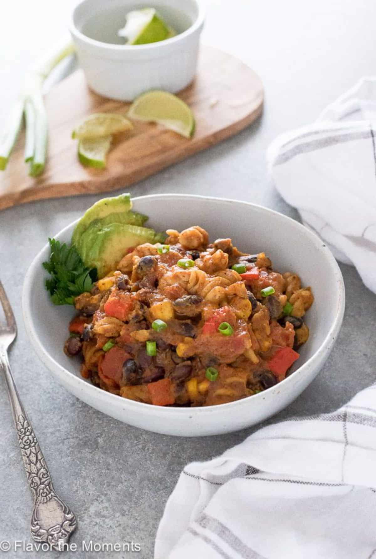 Instant Pot Pumpkin Black Bean Chili Mac in a white bowl.