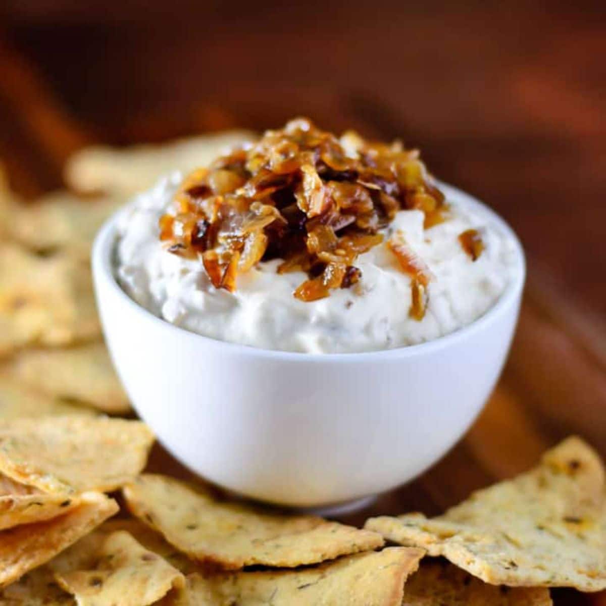 Skinny French Onion Dip in a white bowl.