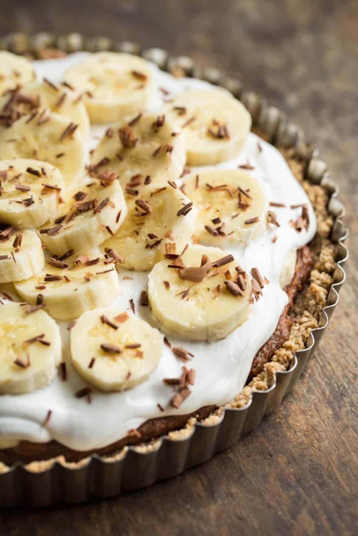 Banoffee Pie in a cake tray.