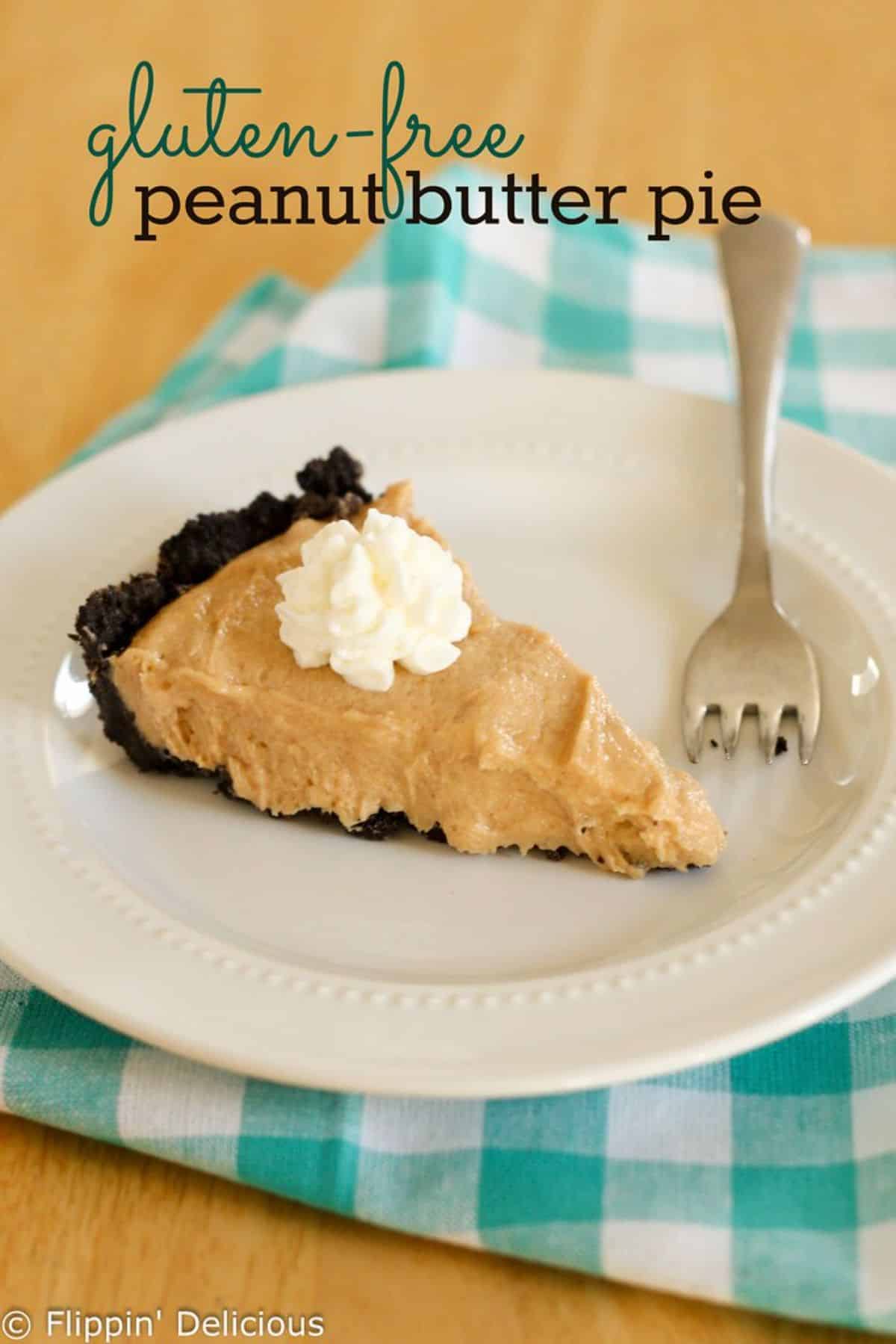 A piece of Gluten-Free Peanut Butter Pie on a white plate with a fork.