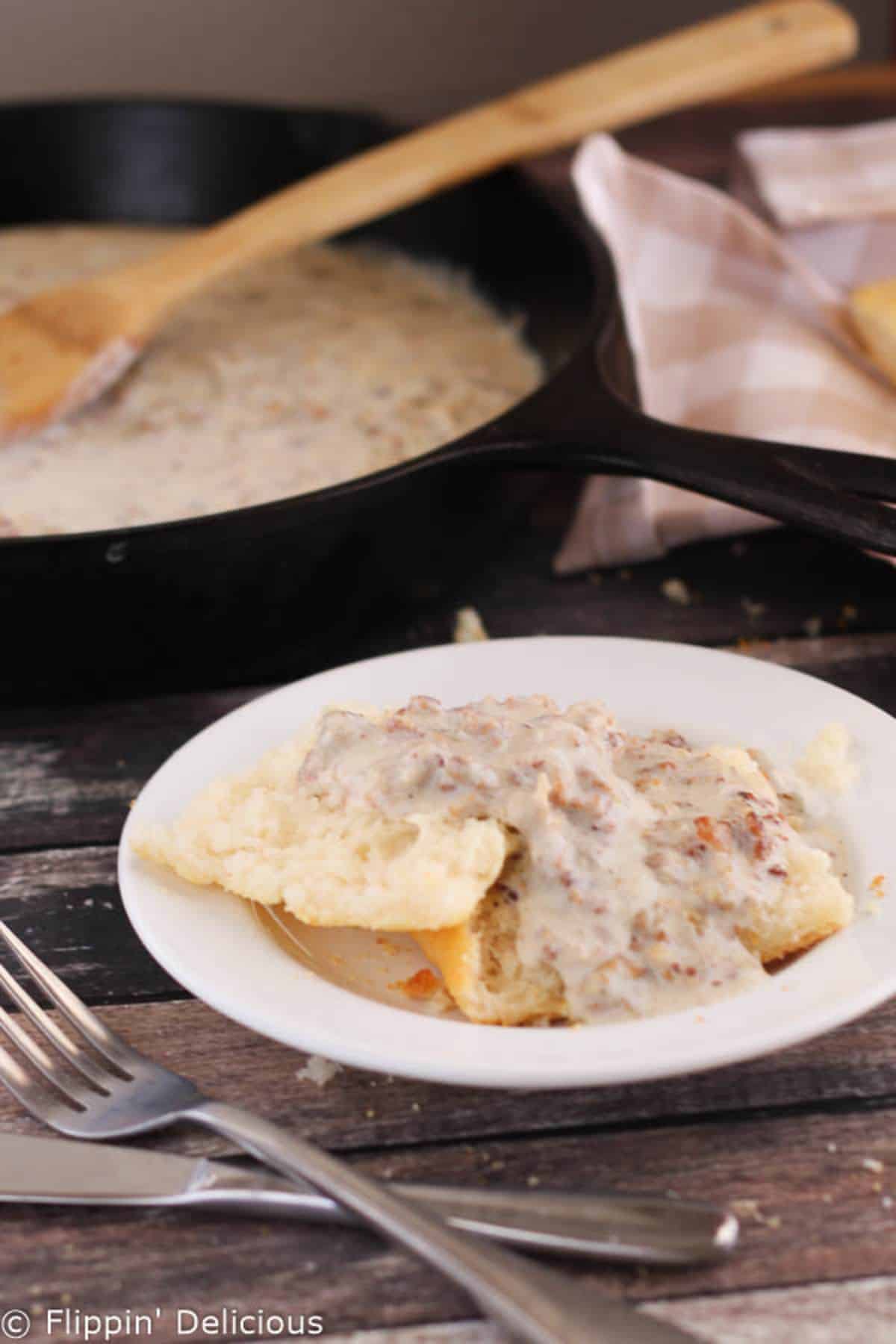 Gluten-free Sausage Gravy on a white plate.