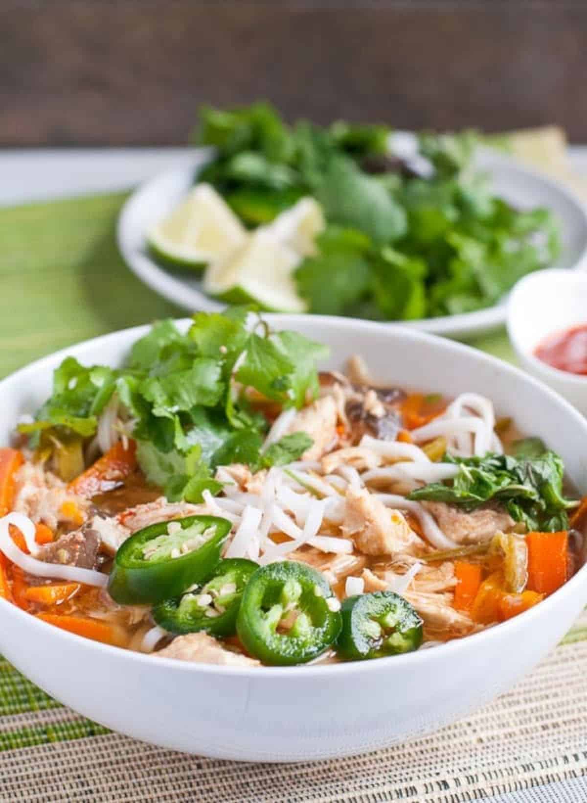 Slow Cooker Asian Chicken Noodle Soup in a white bowl.