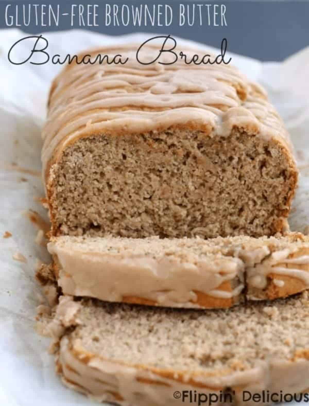 Partially sliced Gluten-free Banana Bread with Browned Butter Frosting.