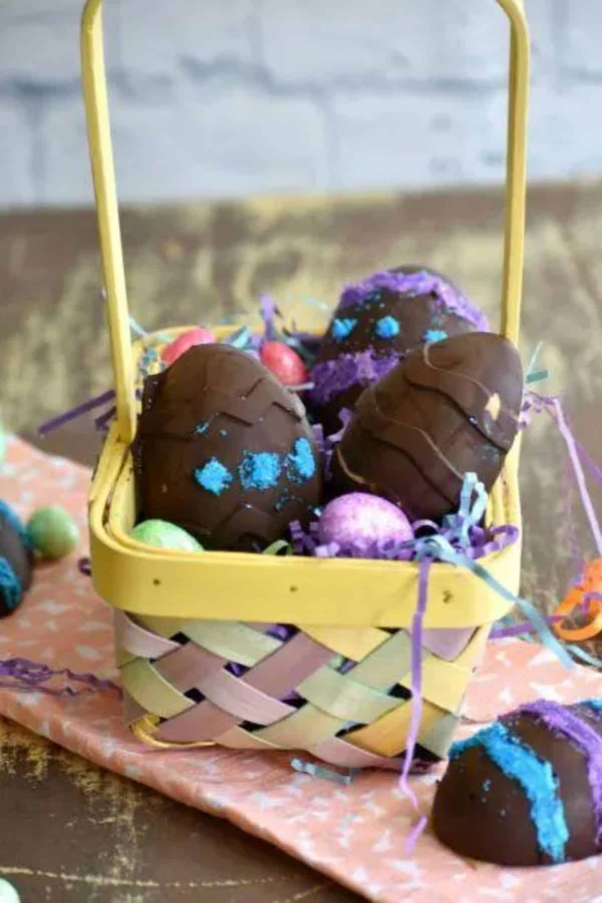 Vegan Peanut Butter Easter Eggs in a basket.