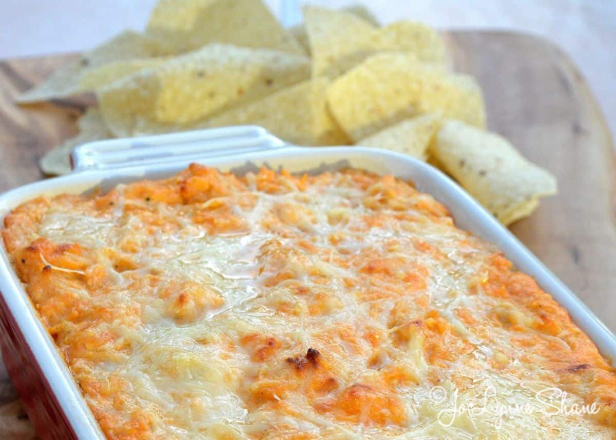 Buffalo Chicken Dip in a white casserole.