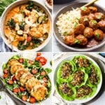 Four images of gluten-free ground chicken meals.