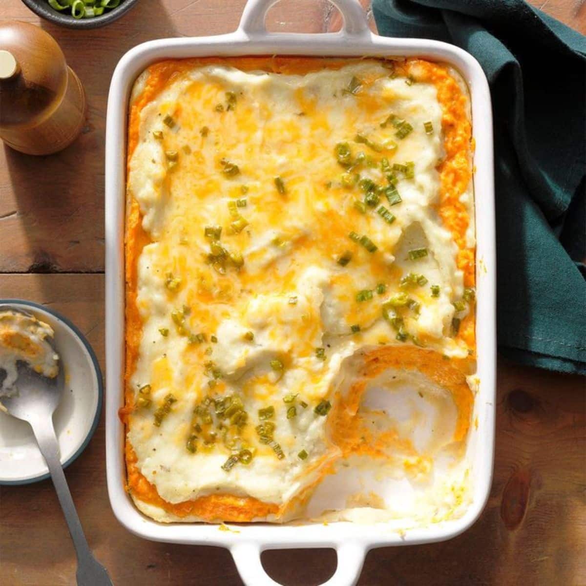 Duo Tater Bake in a white casserole.
