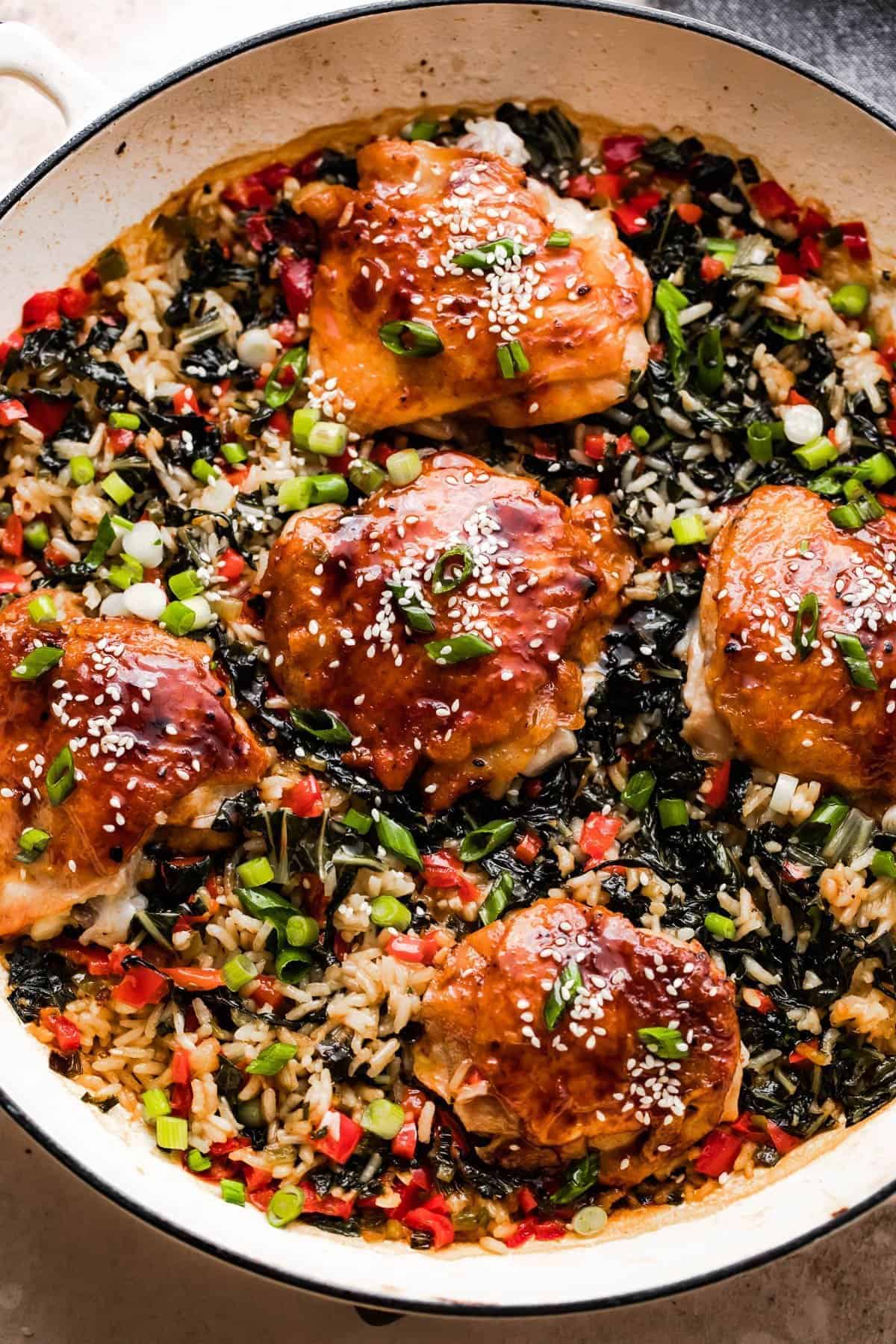 Asian Glazed Chicken Thighs with Rice in a pan.