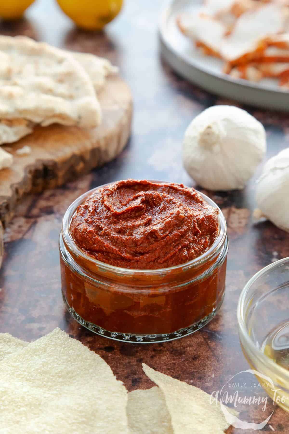 Garlic Chutney in a small glass bowl.