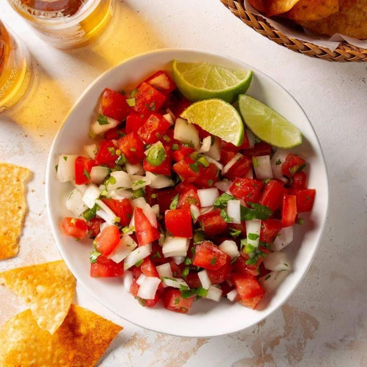 Pico De Gallo dip in a white bowl.