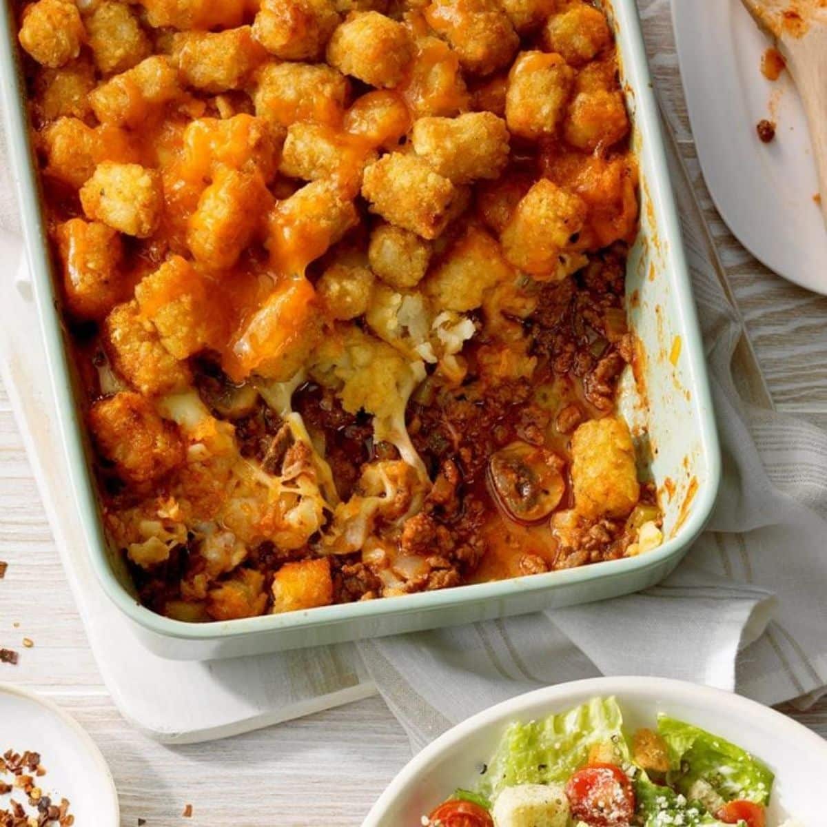 Pizza Tater Tot in a white casserole.