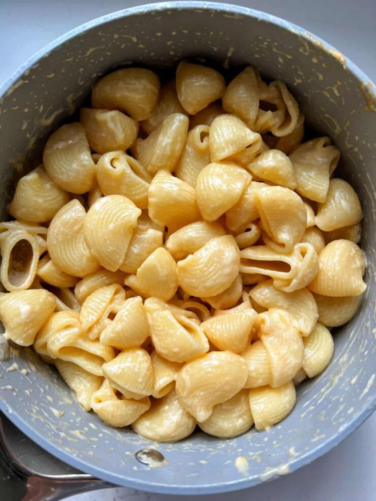 Gluten-free Greek Yogurt Mac and Cheese in a gray bowl.