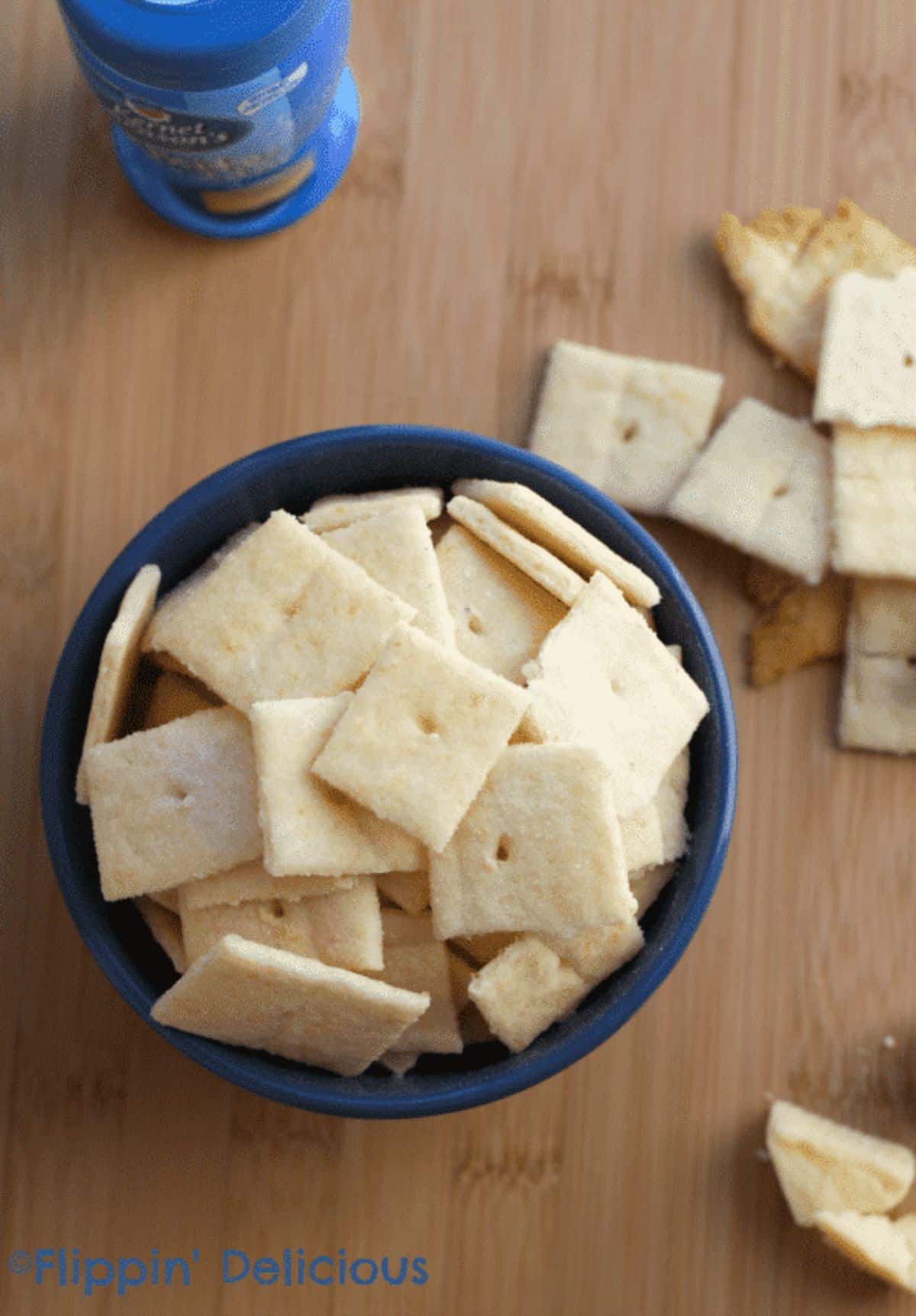 White Cheddar Crackers in a blue bowl.