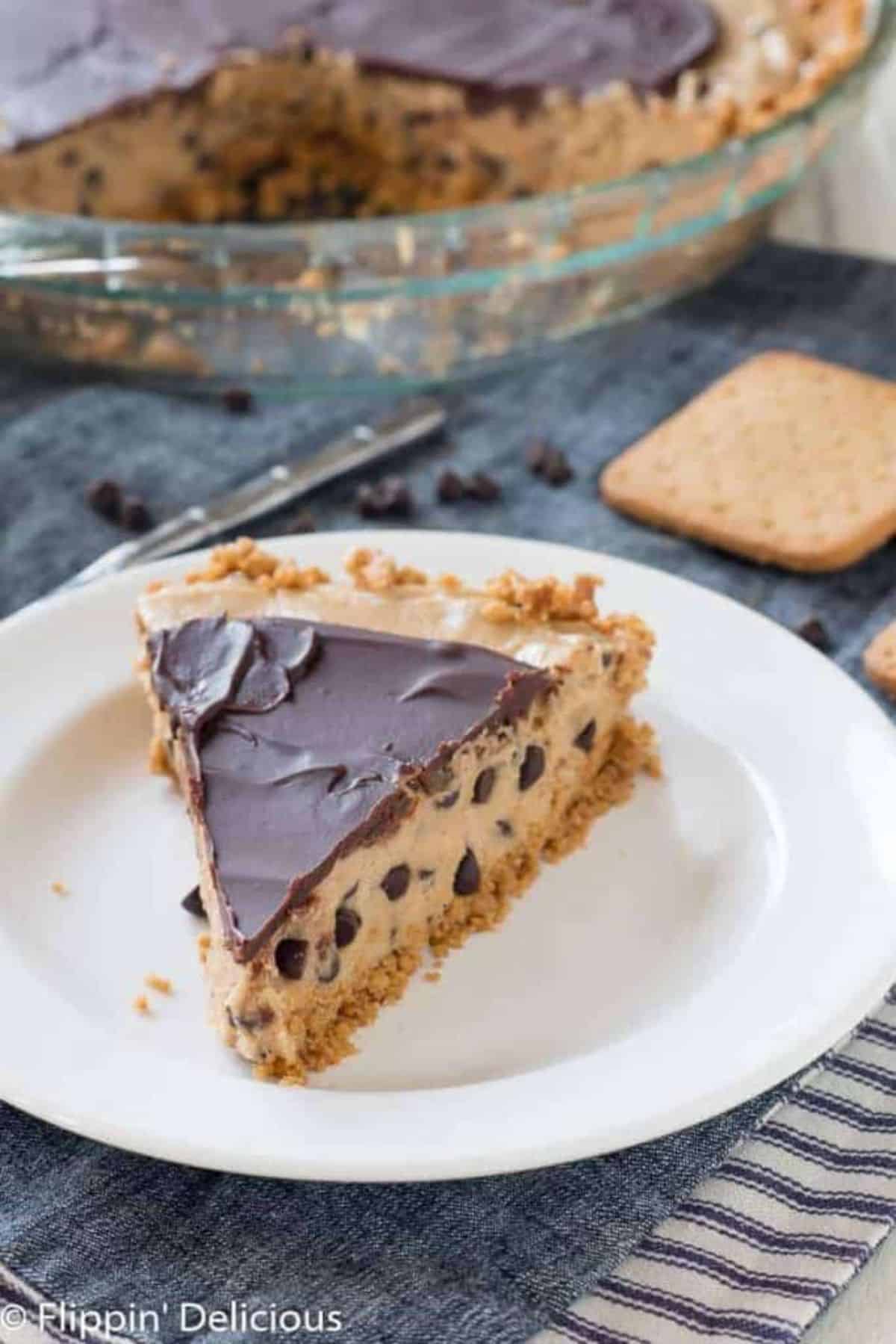 A piece of Gluten-Free Cookie Dough Pie on a white plate.