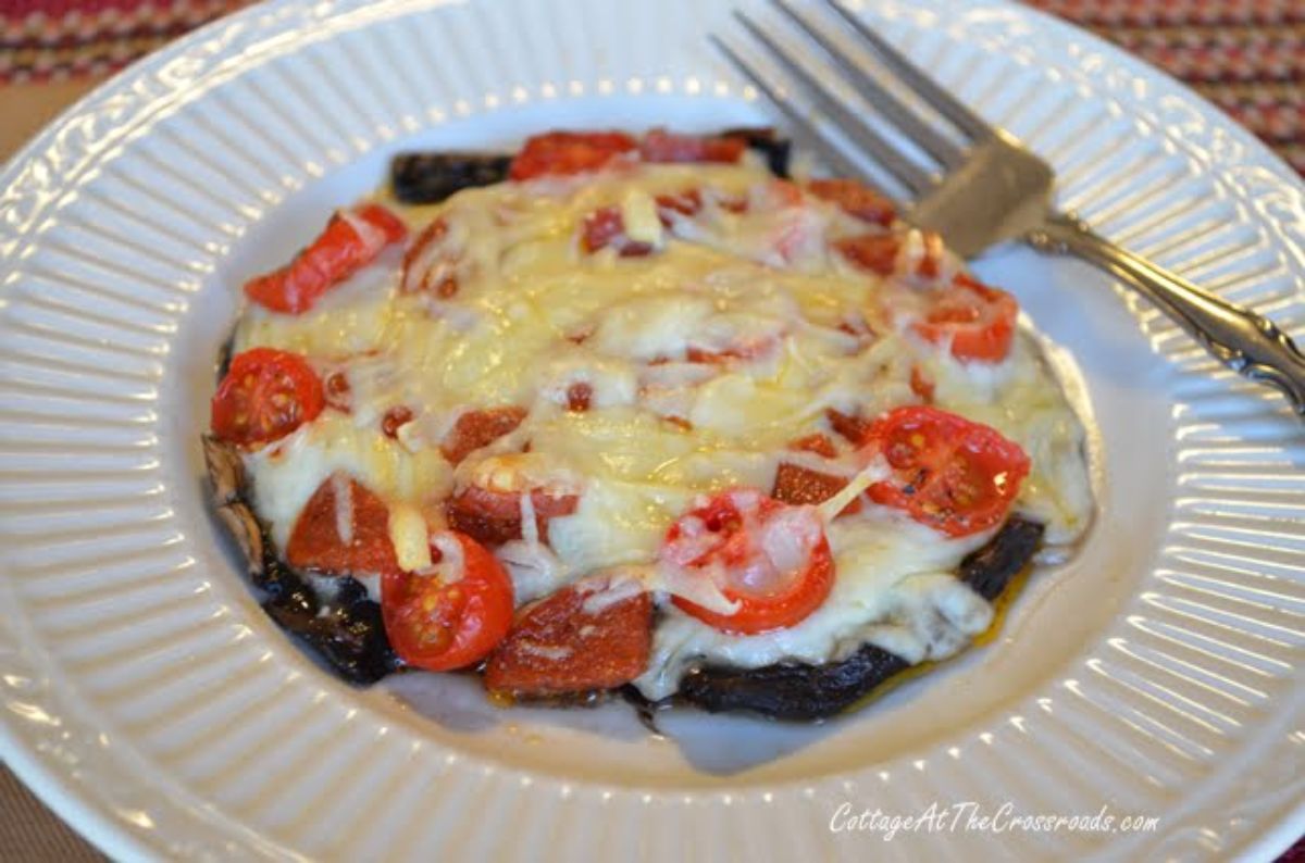 Low-Carb Portabella Pizza on a white plate.