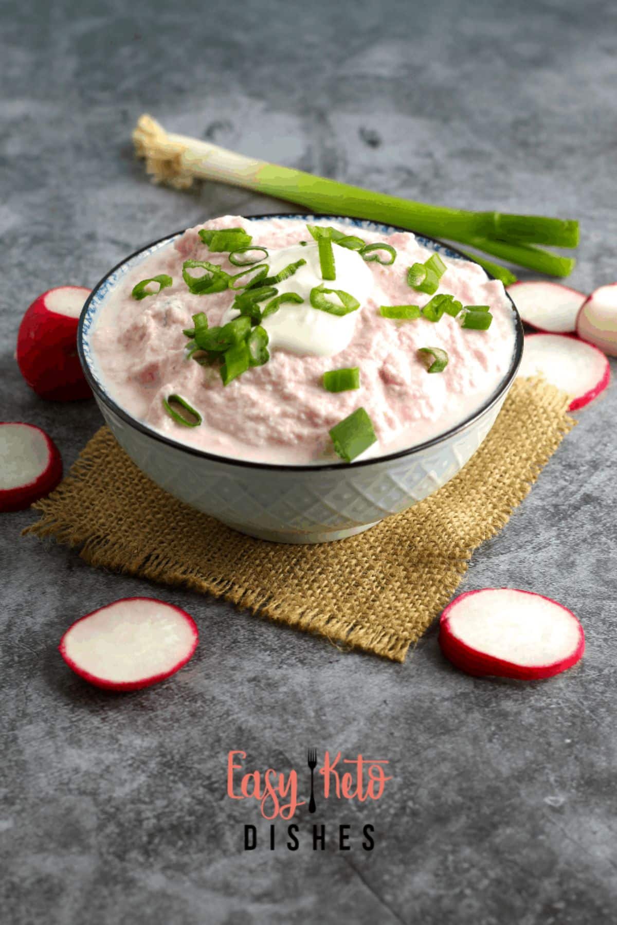 Deliicous Low-Carb Mashed Potatoes in a gray bowl.