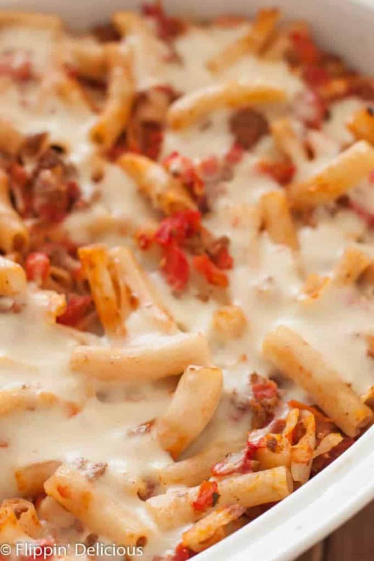 Dairy-Free Gluten-Free Baked Ziti in a white casserole.