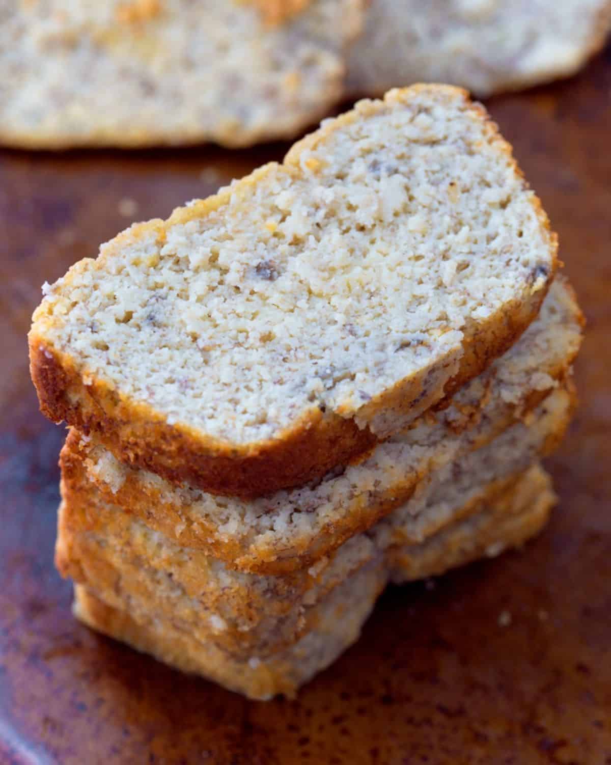 A pile of sliced Low-Carb Almond Flour Banana Bread.