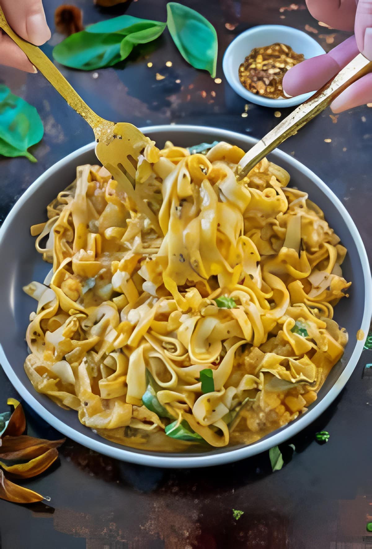 Skillet Tomato Cheese Pasta in a gray bowl.