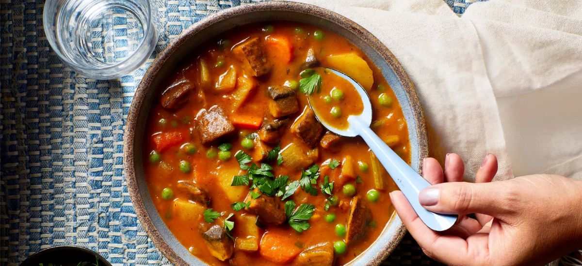 Best-Ever Beefless Stew in a brown bowl.