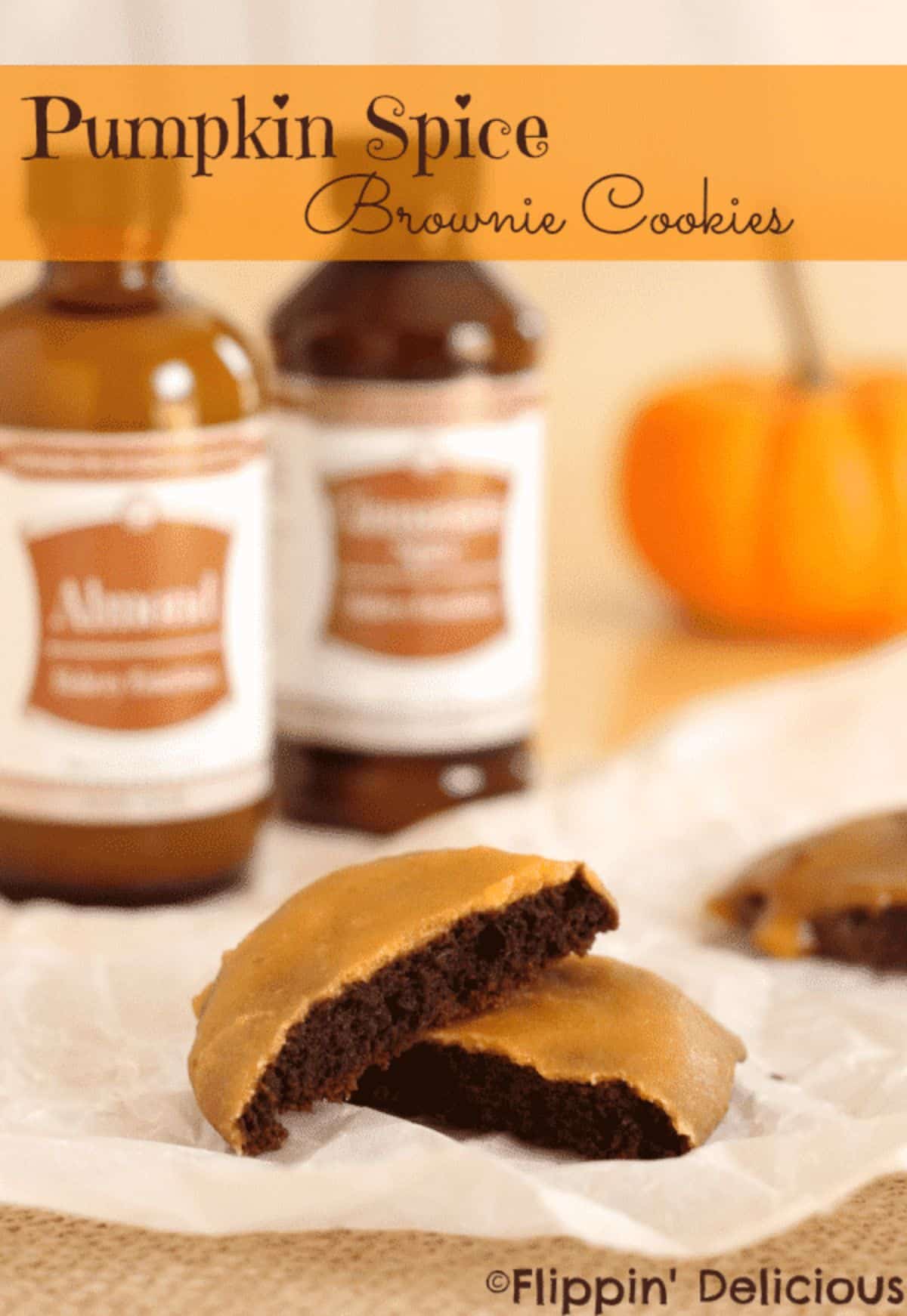 Two Pumpkin Spice Brownie Cookies on a paper napkin.