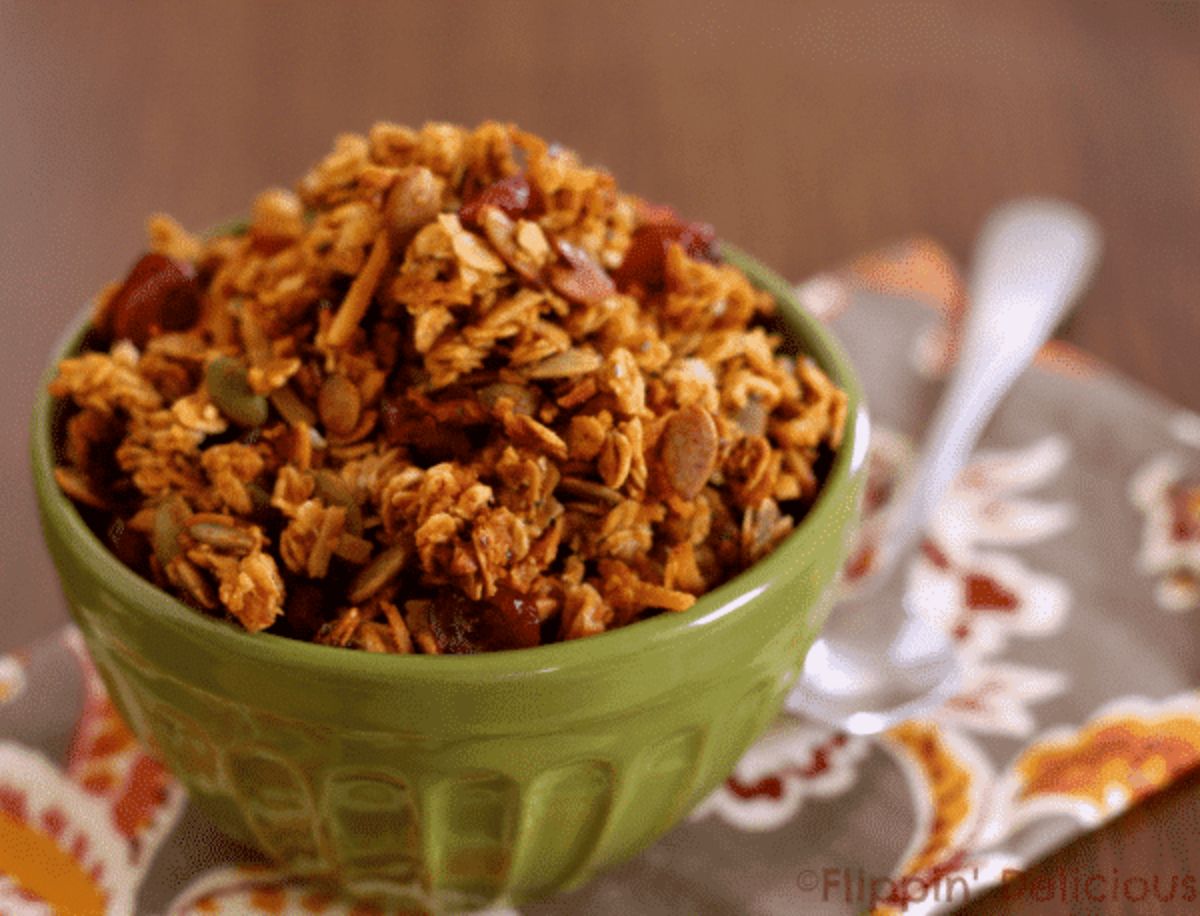 Gluten-Free Pumpkin Granola in a green bowl.