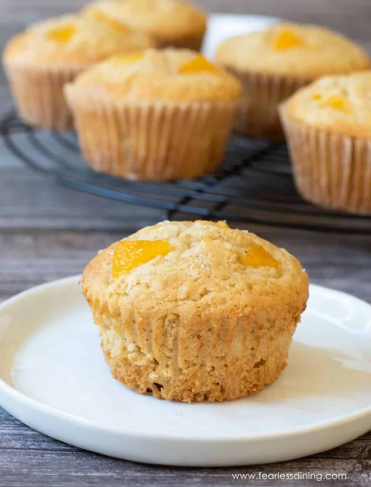 Delicious Gluten-Free Peach Muffin on a white plate.