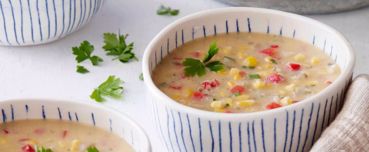 Delicious Easy Vegan Corn Chowder in bowl.