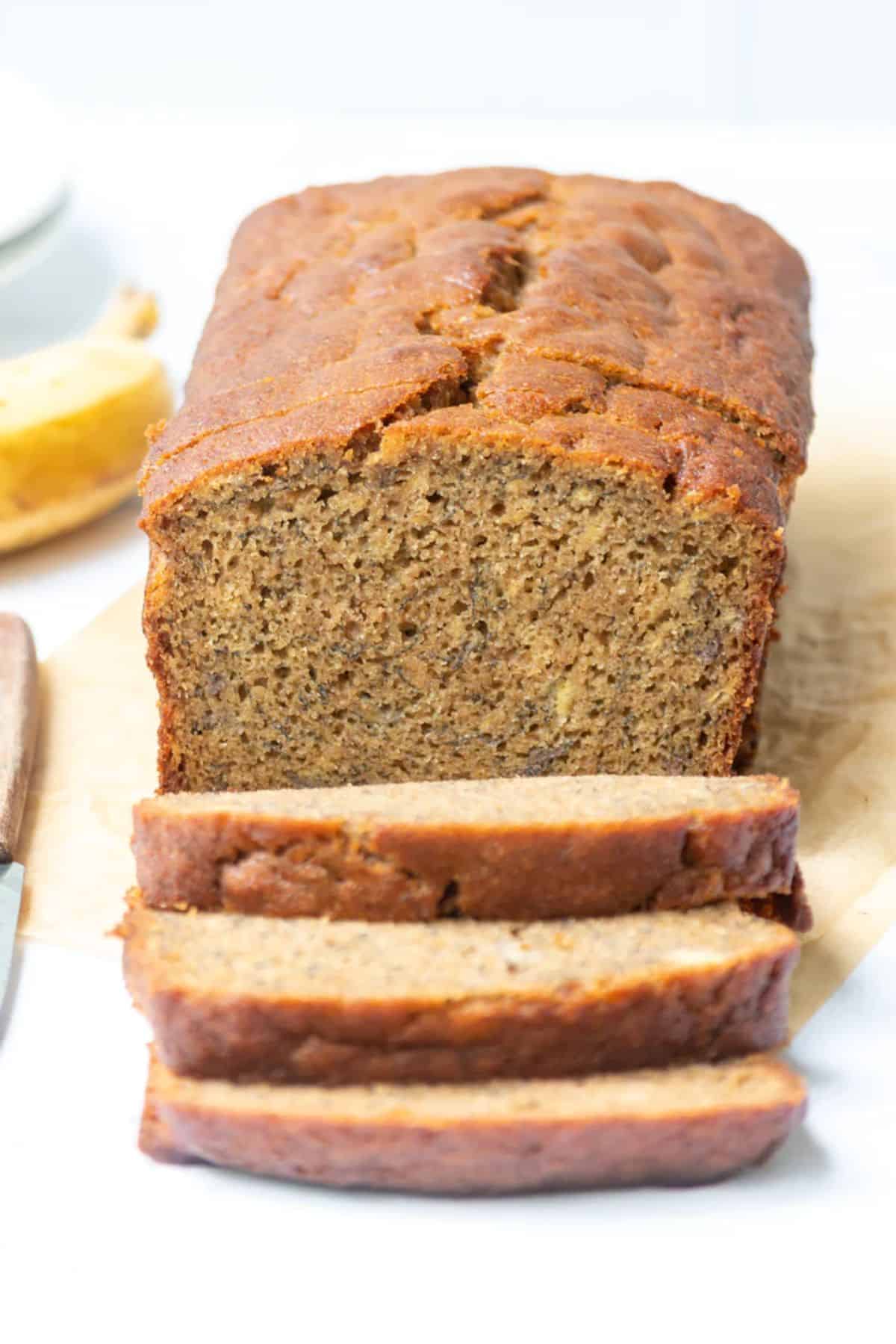 Partially sliced Cassava Banana Bread.