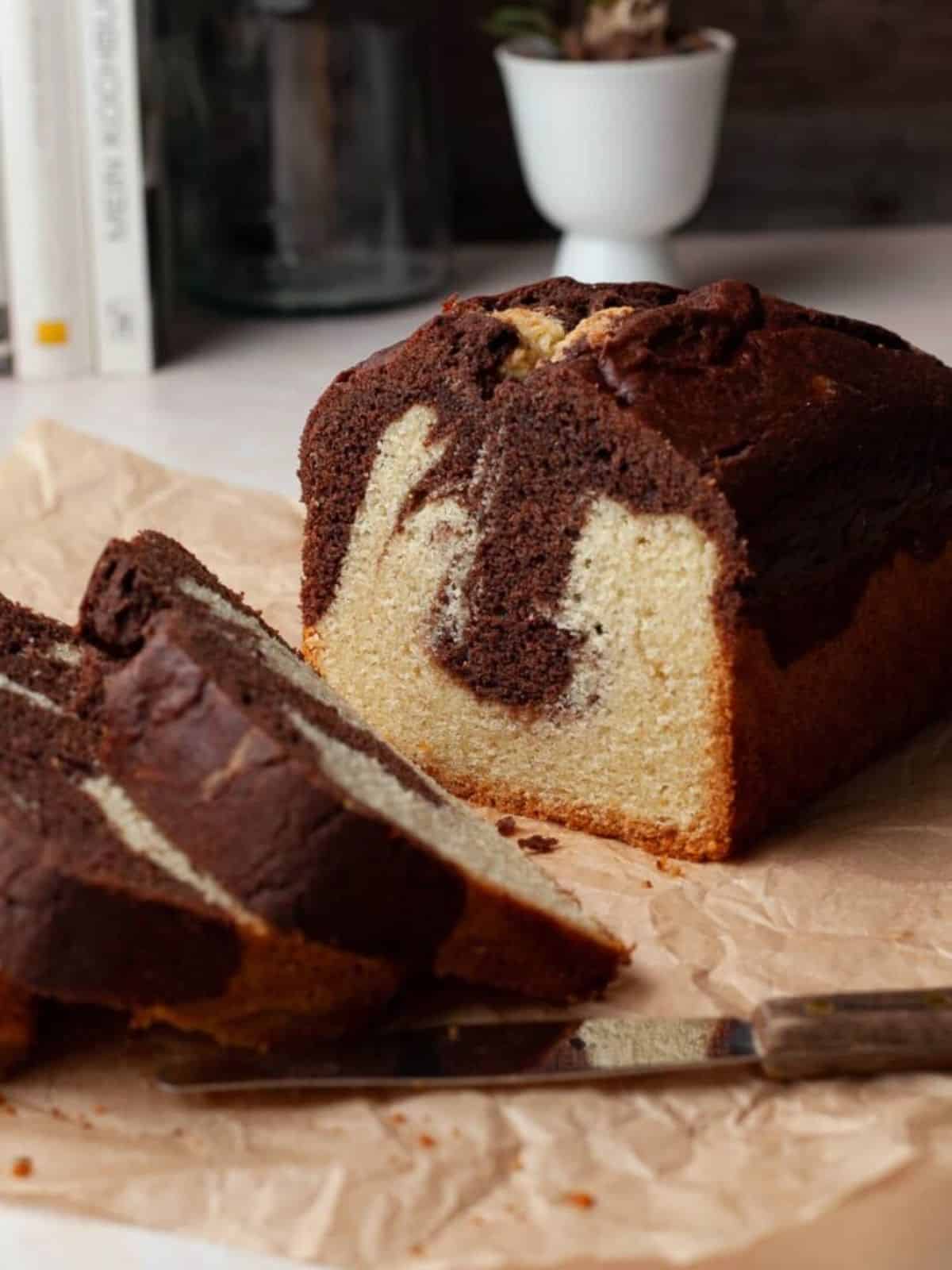 Pastially sliced Gluten-Free Marble Cake.