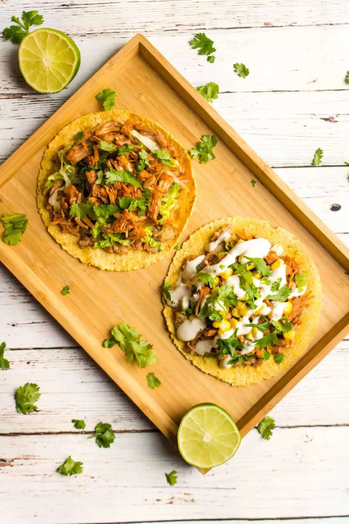 Delicious Jackfruit Tostadas on a wooden tray.