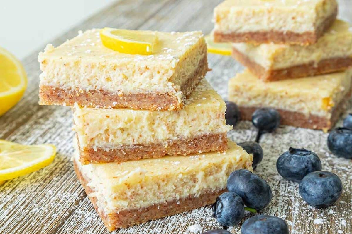 Two piles of Low-Carb Cream Cheese Lemon Bars.