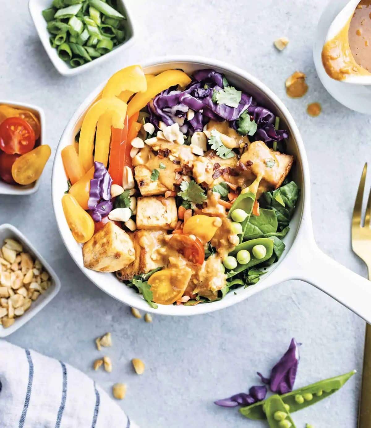 Thai Tofu Salad With Peanut Sauce in a white bowl.