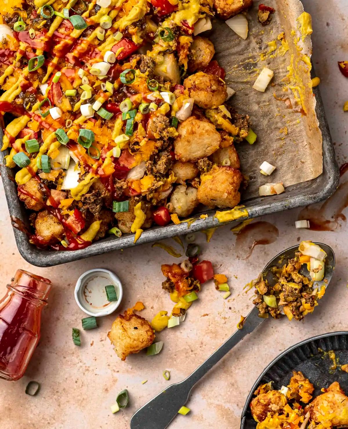 Delicious Cheeseburger Tater Tots in a baking tray.