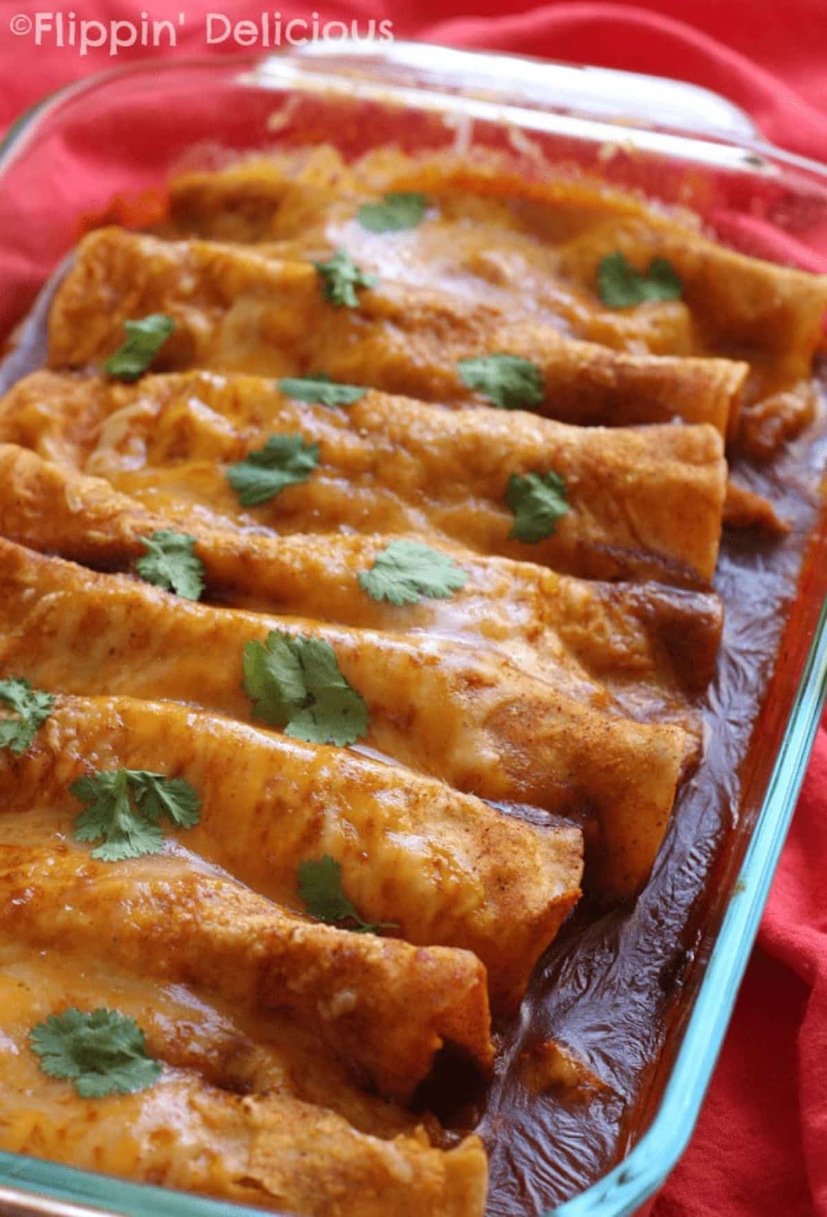 Gluten-Free Enchiladas in a glass casserole.