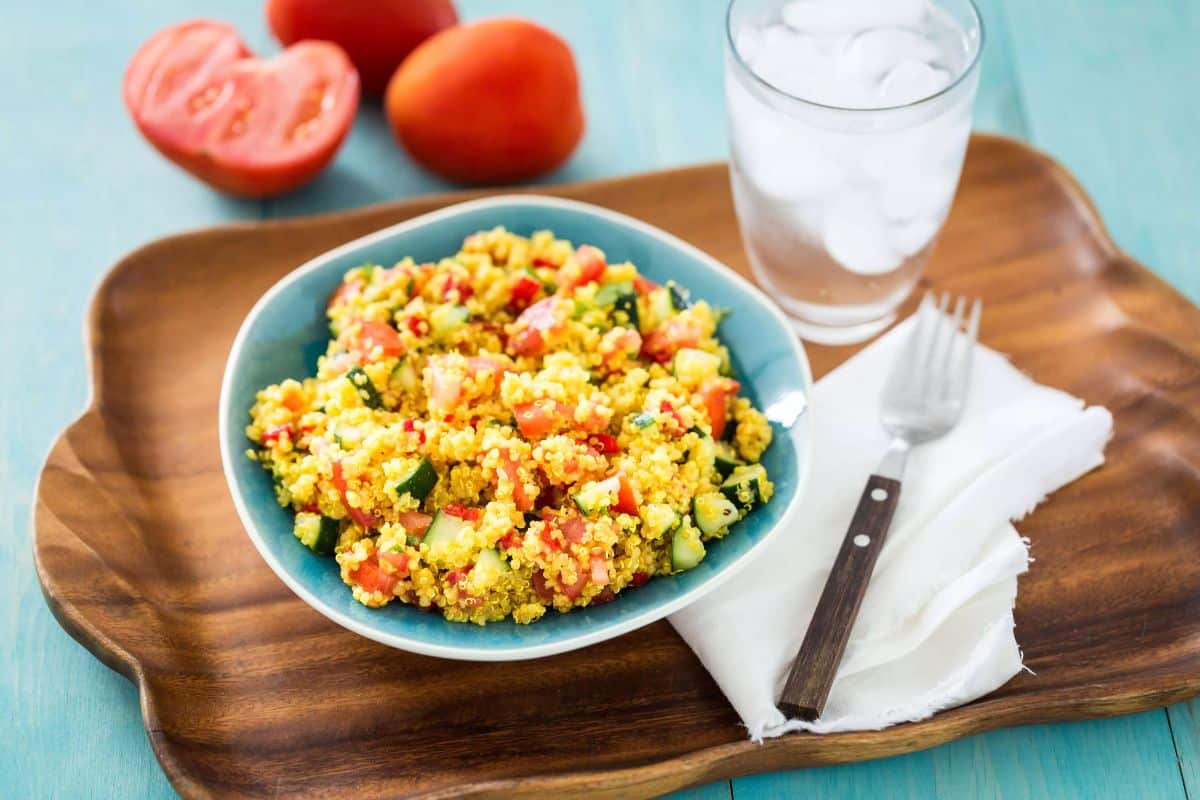 Delicious Middle Eastern Quinoa Salad in a blue bowl.