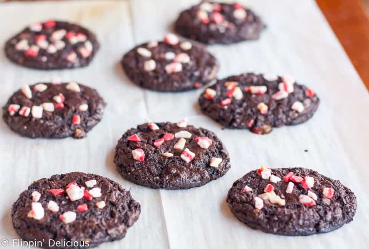 Delicious Chocolate Peppermint Cookies on a wooden tray.