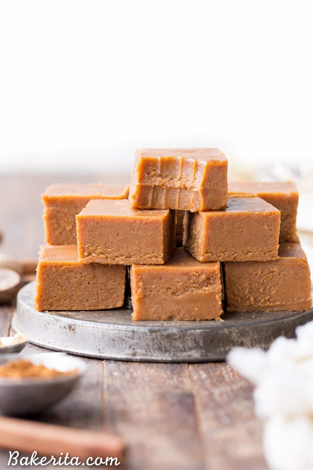 A pile of Perfect Pumpkin Spice Fudges on a tray.